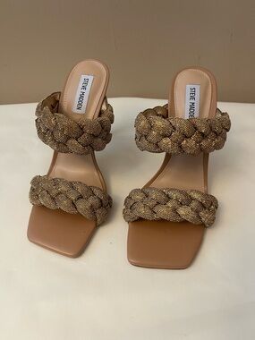 Steve Madden Braided Metallic Gold Double-Strap Heeled Sandals